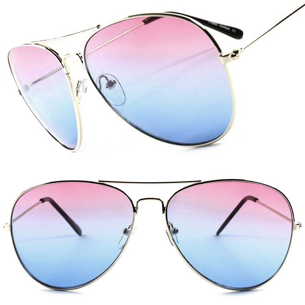 Gold Classic Mens Womens Air Force Style Pink & Blue Lens Sunglasses